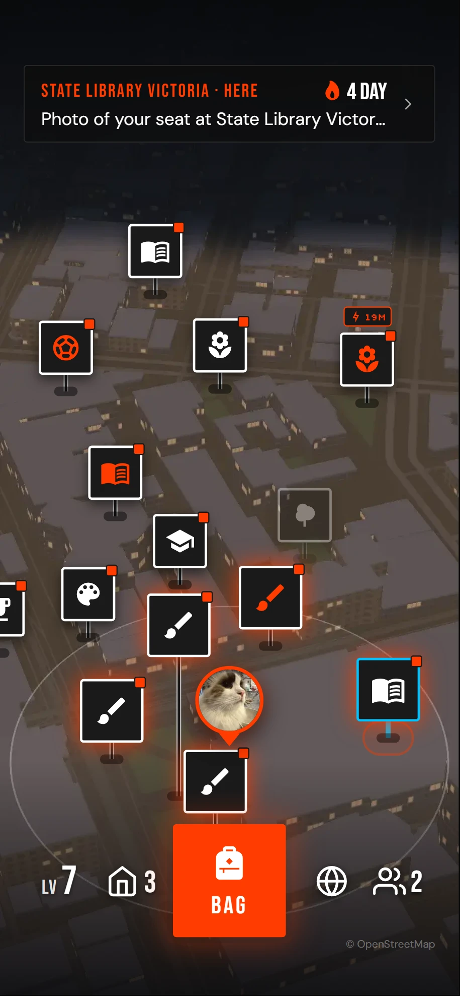 Base Reality on a phone at night: the city map around State Library Victoria, with today’s mission there, a photo of your seat