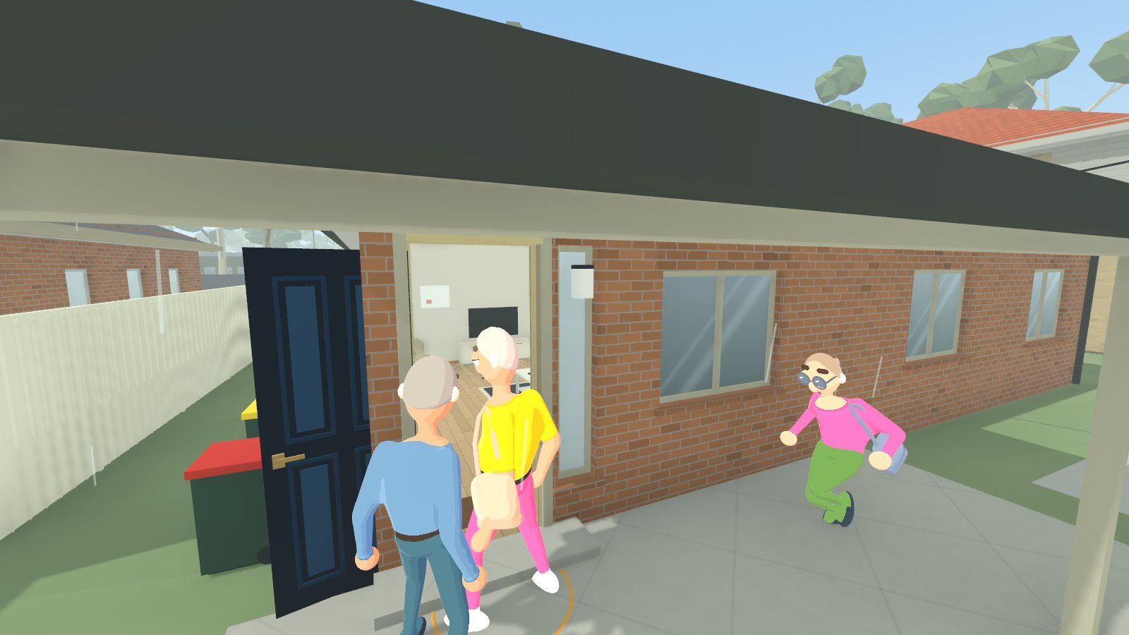 Day One in engine, behind the player at their front door on the morning of Day 1: neighbour Oliver Wilson stands at the door and Emily Morgan hurries up the path. No screen text.