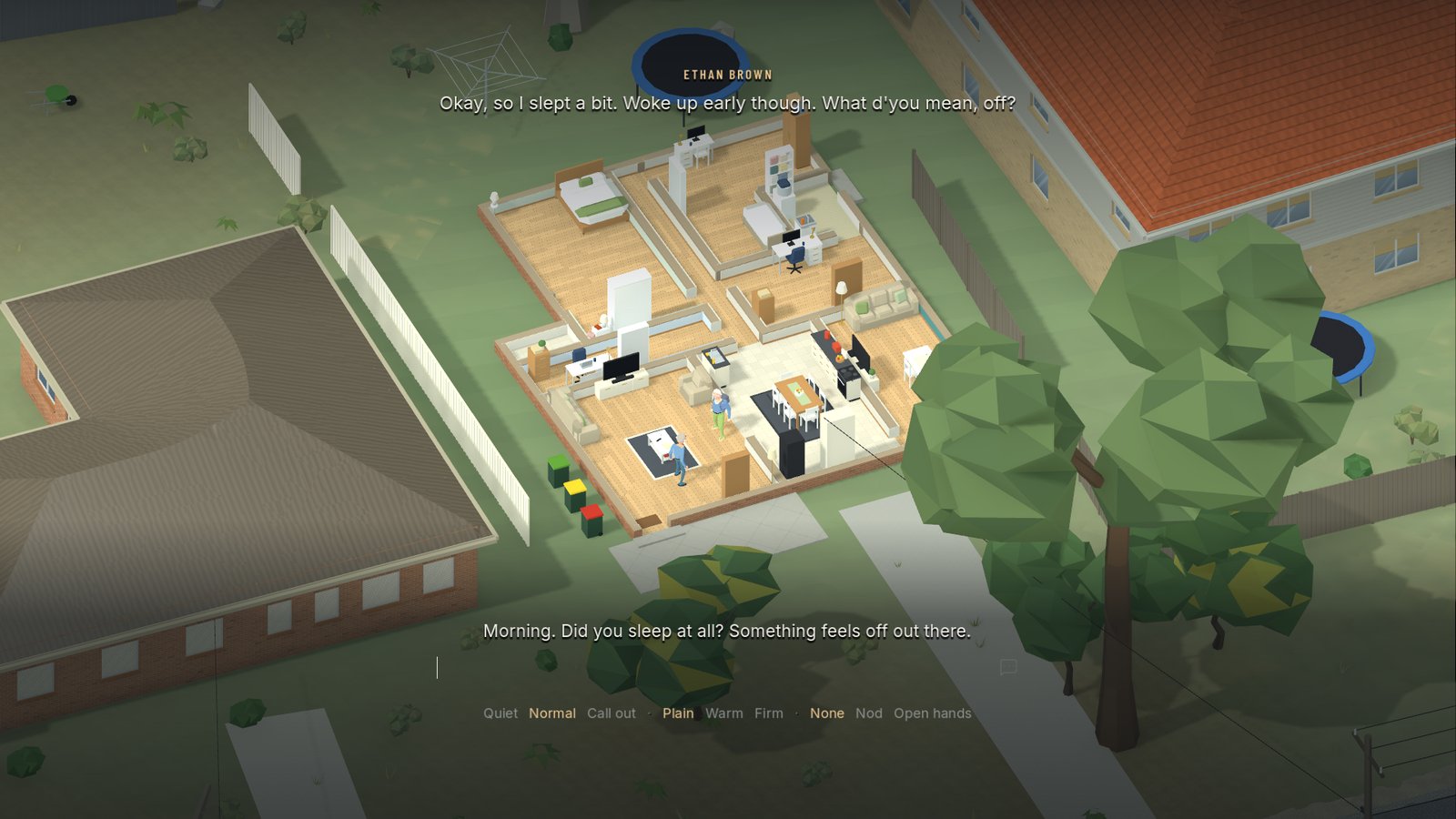 Day One in engine: the house cut away from above at 7 in the morning. The player asks Ethan Brown whether he slept; he answers that he woke early and asks what they mean.