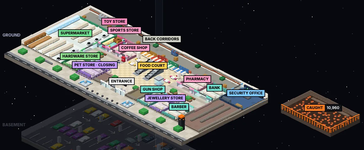 The arena on the final night: the mall's stores, the car park below, and the pit holding the 10,960 players caught before the roof.