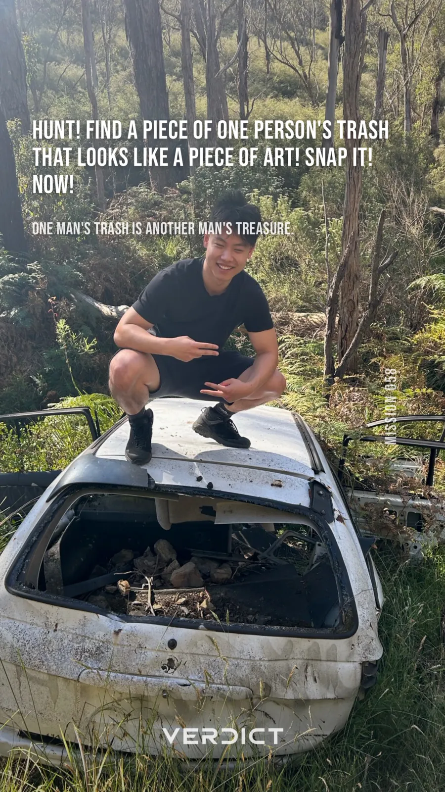 Verdict share card: mission 58 over a dumped car wreck in the bush.