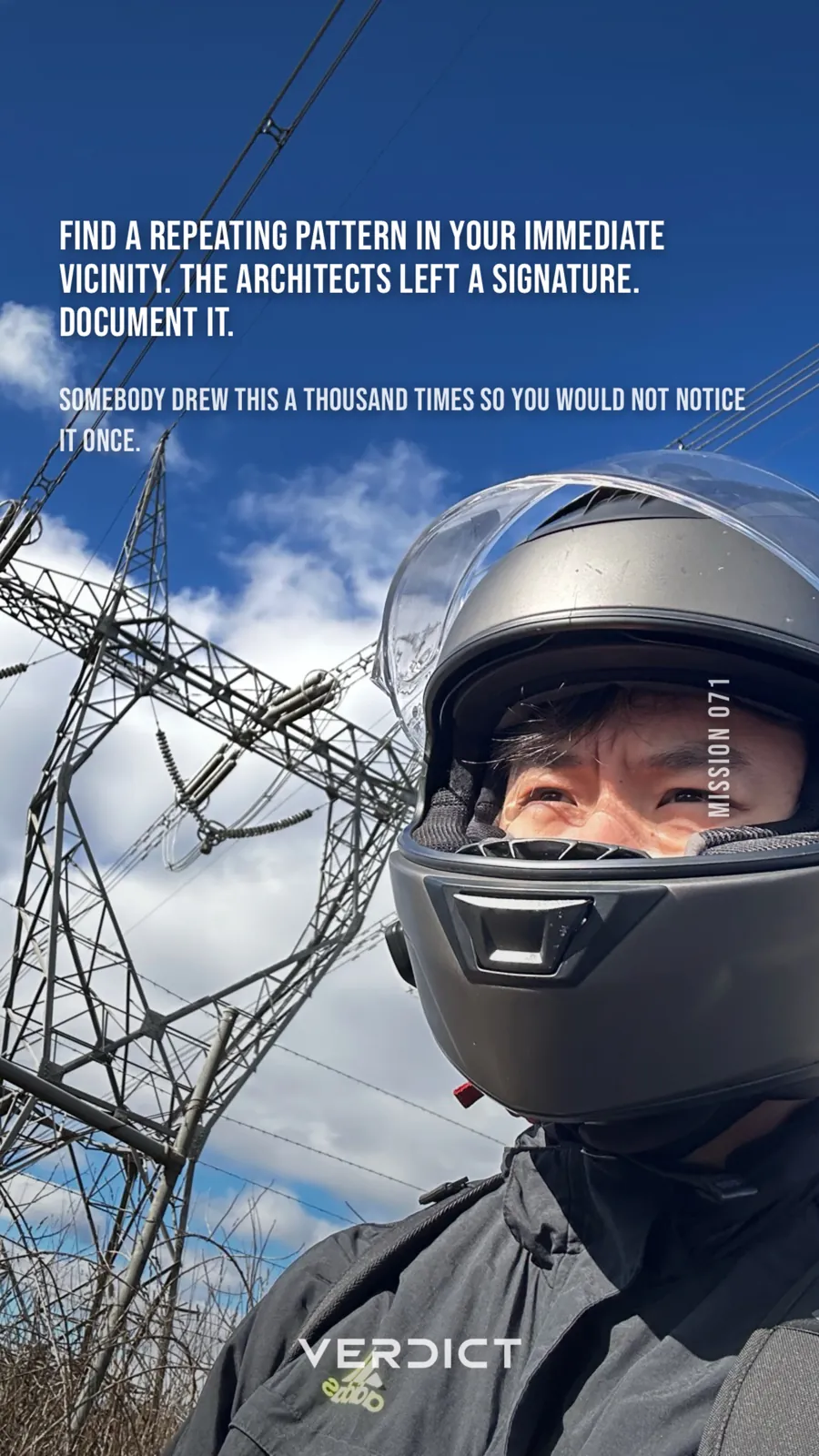 Verdict share card: mission 71 over a helmet selfie beneath a transmission pylon.
