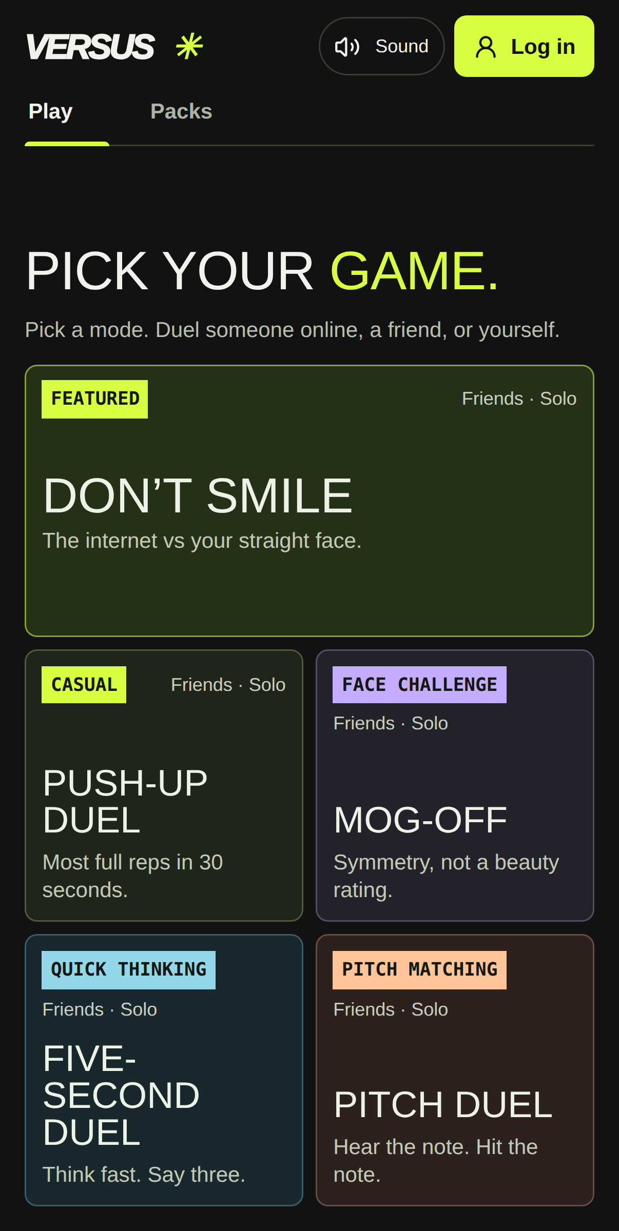 Versus on a phone: the mode select screen with Don’t Smile, Push-up duel, Mog-off, Five-Second Duel and Pitch Duel